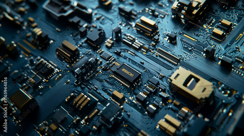 Poster close-up view of intricate electronic circuit board showcasing components and connections