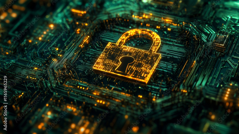 Poster digital lock symbol representing cybersecurity on a circuit board background
