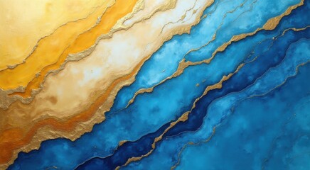 A close up of a painting of a blue and yellow fluid painting