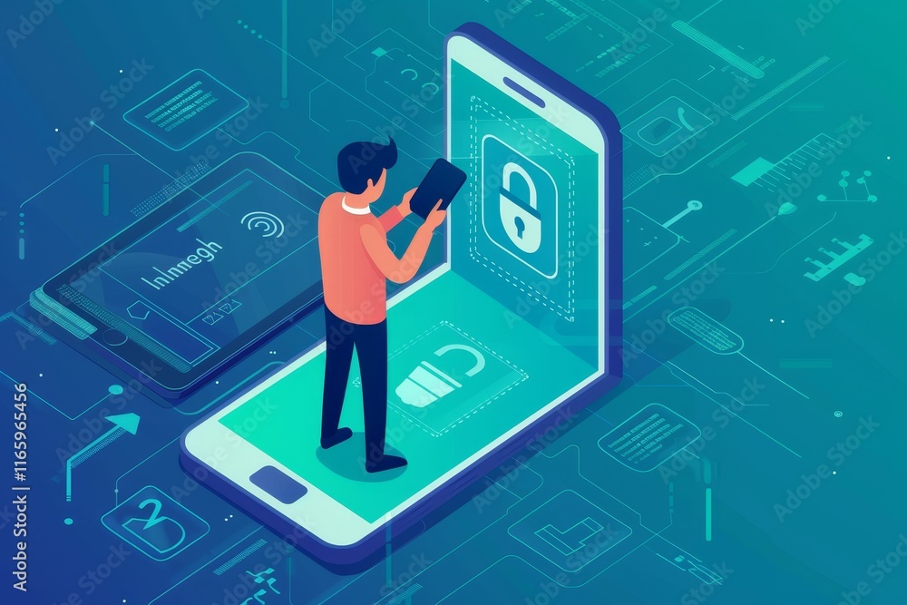 Aufkleber a person engages with a smartphone displaying a digital lock, emphasizing the importance of cybersec