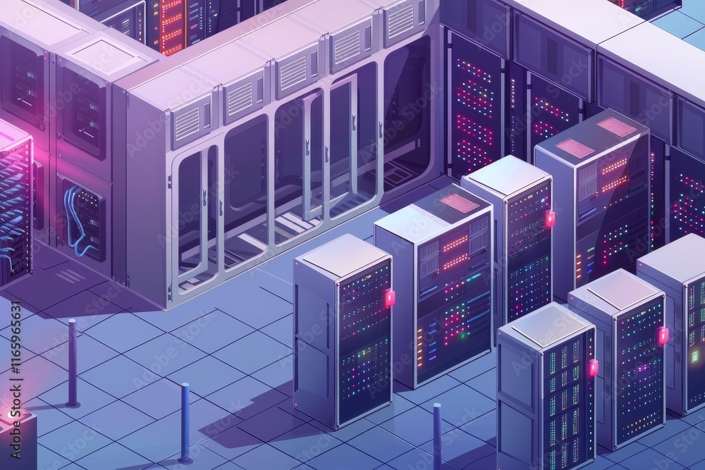 Poster the interior of a high-tech data center showcases rows of server racks with colorful lights, creatin