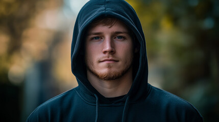 Focused young man in a hoodie stands confidently in a blurred urban background