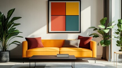 Modern living room with yellow sofa, plants, and abstract art.