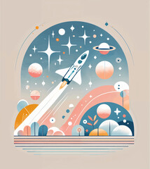 Fototapeta premium A vibrant minimalist illustration of a space shuttle launching into a colorful cosmic scene filled with planets, stars, and abstract artistic details representing space exploration