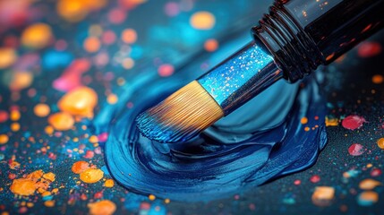 Fototapeta premium Paintbrush applying blue paint, colorful background.