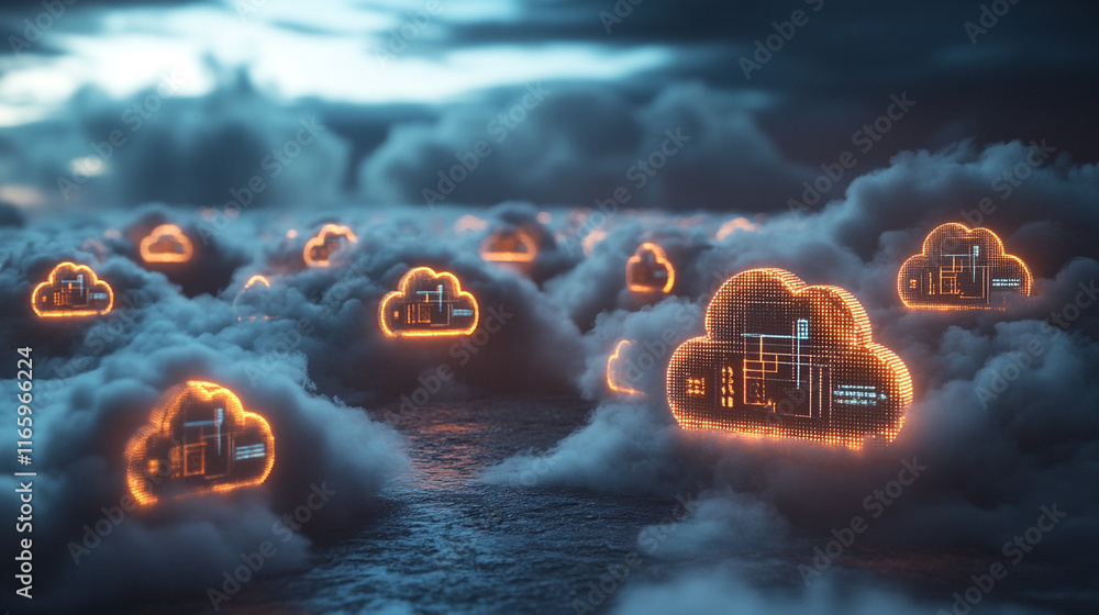 Poster digital clouds illuminated with glowing patterns over a dark landscape at dusk