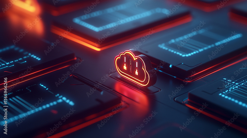 Poster modern cloud computing technology with glowing icons and circuit board design