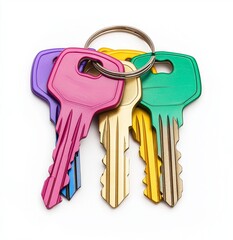 
Colorful keys on a white background, colorful keys with a key ring isolated on a white background, colorful keys in different colors, multi-colored keys, white background.