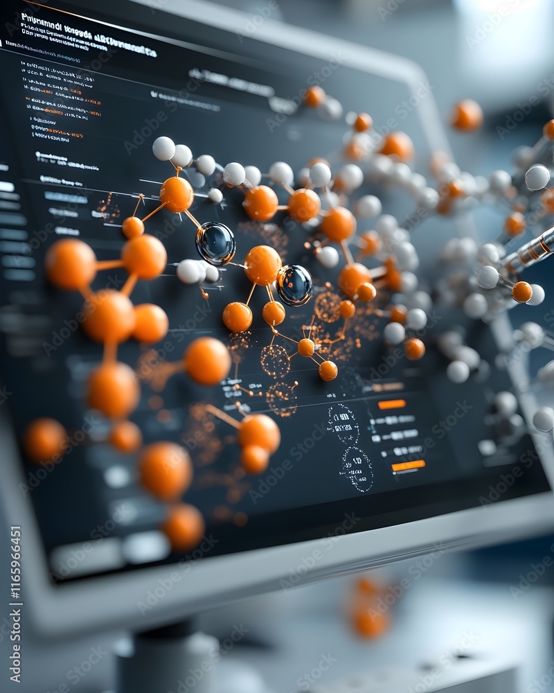 Poster holographic pheromone data display in cutting edge biotechnology workspace with sleek digital interf