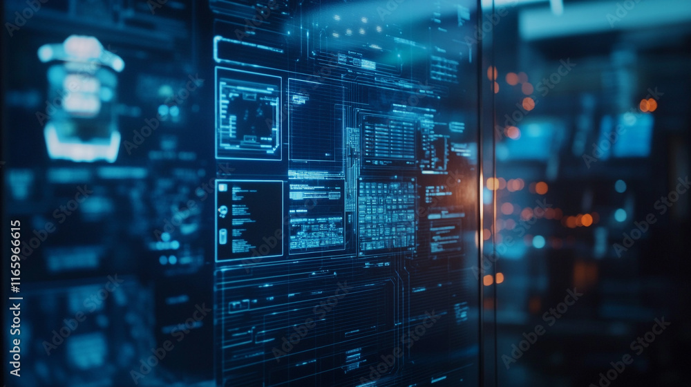 Poster digital interfaces illuminate a high-tech control room during nighttime operations