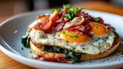 A delicious breakfast plate featuring two perfectly cooked eggs, crispy bacon, and spinach arranged nicely, bringing warmth and cheer to the dining experience.
