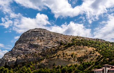 A rocky mountain with a forest against the sky.