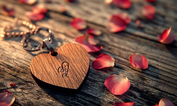 Heart-shaped wooden keychain engraved with initials, placed on a rustic wooden table with scattered petals and soft light