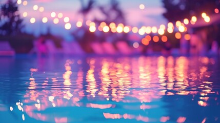 Blurred background of an outdoor swimming pool at night with pink lights and party decorations.