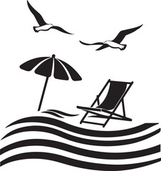 A beach chair with an umbrella on the sea beach vector silhouette white background