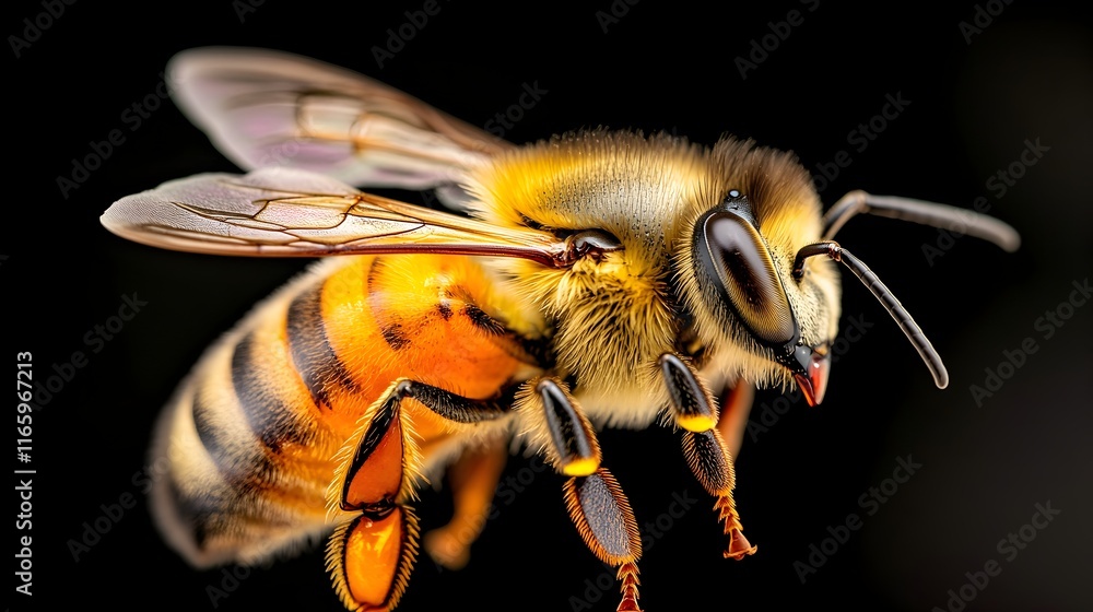 Poster hyper detailed macro shot of a honeybee s striped abdomen the segments flaring open as it emits a bu