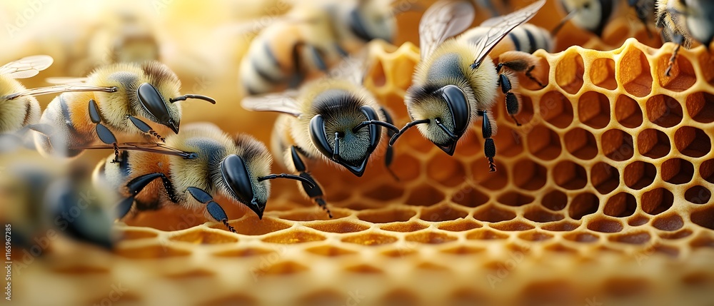 Poster pheromone exchange among honeybees with nested hexagonal motifs representing the hive detailed rende