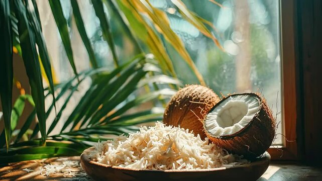 Coconut and coconut flakes in a plate on the table. Selective focus. Nature.