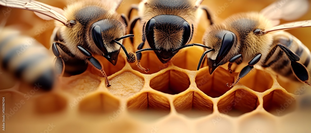 Poster Detailed rendering of a swarm of honeybees transferring pheromones and scents amid a nested hexagonal framework representing the intricate architecture of the hive