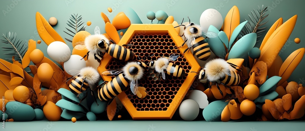 Poster detailed rendering of a pheromone exchange among honeybees within a stylized hexagonal hive structur
