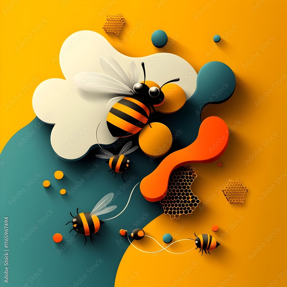Poster stylized of honeybee pheromone signaling swirling trails of scented particles and choreographed mid 