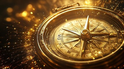 A close-up of an antique compass with golden accents, pointing towards the right direction on a glittering background