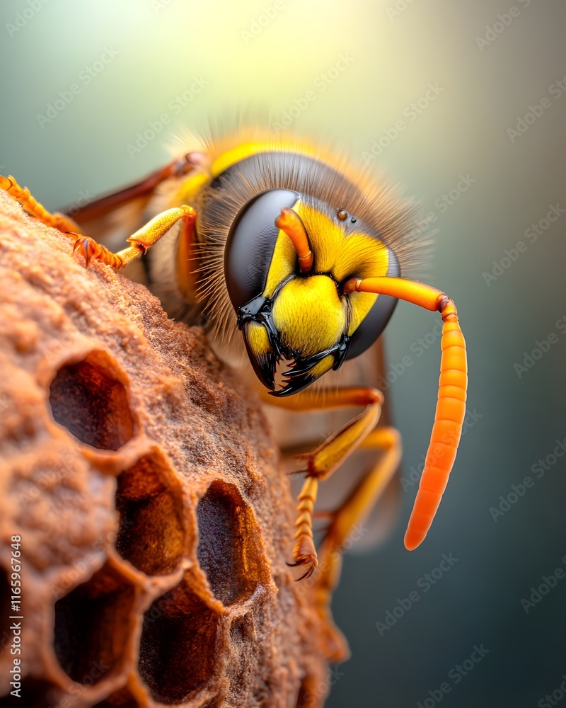 Poster tightly framed macro photography of a hornet s venomous stinger pumping out alarm signals to rally t
