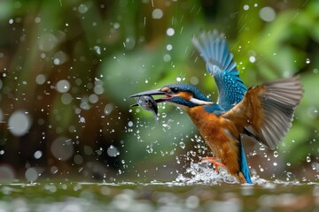 A vibrant kingfisher emerges from the water with a fish grasped in its beak as droplets scatter around, highlighting the energy of a summer day.