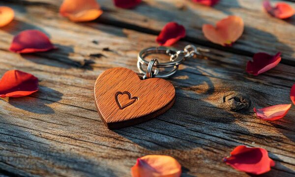 Heart-shaped wooden keychain engraved with initials, placed on a rustic wooden table with scattered petals and soft light,