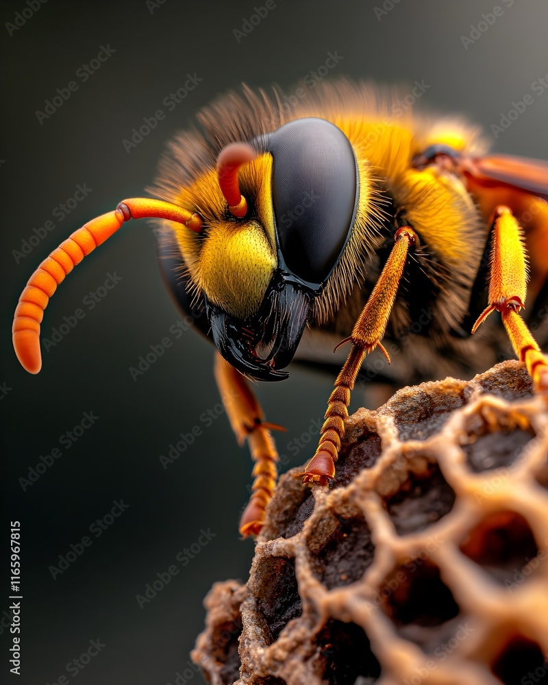 Poster tightly framed macro photography shot of a hornet s venomous stinger pumping out alarm signals to ra