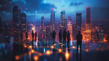 Abstract business team stands on the peak of success amid tall, innovative Smart city and graphs with statistics to analyze business potential and predict future developments in company growth.