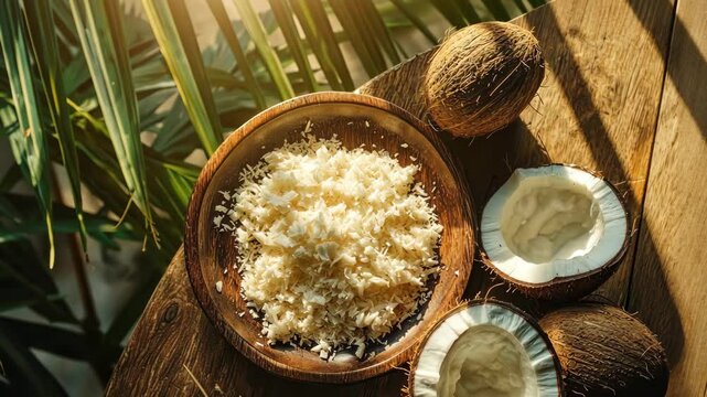 Coconut and coconut flakes in a plate on the table. Selective focus. Nature.