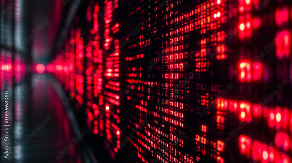 Poster digital data stream illuminated by red lights in a modern server room environment
