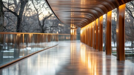 Obraz premium A stunning modern walkway bathed in warm sunlight, inviting people to stroll and appreciate the beauty of contemporary architecture and serene natural environments.