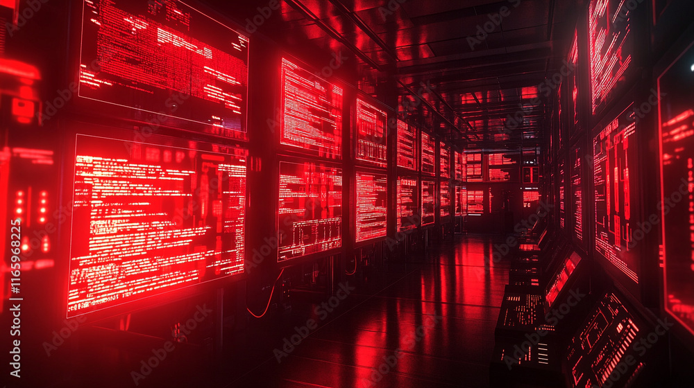 Poster high-tech monitoring room illuminated by vibrant red displays in a futuristic setting