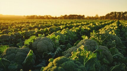 Golden hour sunlight illuminates rows of lush broccoli plants in a vast field.