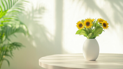 Minimalist white vase with sunflowers on a smooth marble kitchen table in an outdoor terrace kitchen overlooking a lush tropical garden