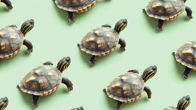 Repeating pattern of small turtles on a light green background.