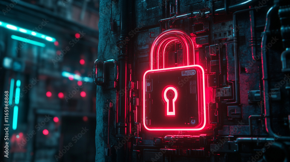 Aufkleber neon lock symbol on futuristic backdrop with glowing circuitry and cyberpunk elements