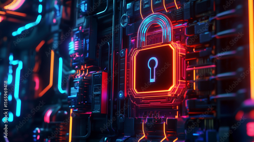 Poster digital lock symbol on a futuristic circuit board illuminated with vibrant colors