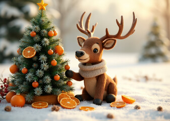 Cute reindeer decorating Christmas tree with oranges in snow