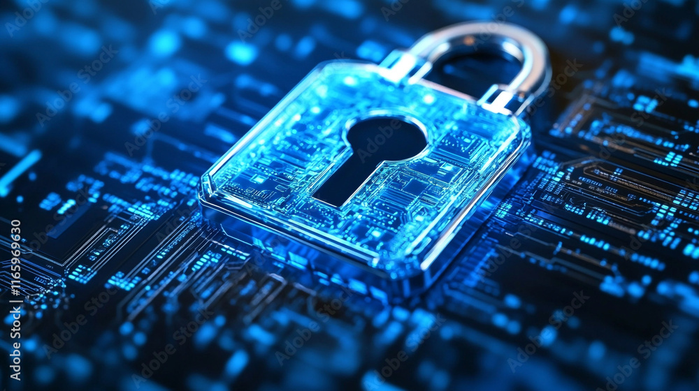 Poster digital security lock on a circuit board background representing advanced technology and safety