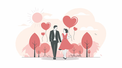 Fototapeta premium A couple walking in a park on Valentine's Day. They hold hands while surrounded by trees, heart-shaped balloons, and a sunny sky.