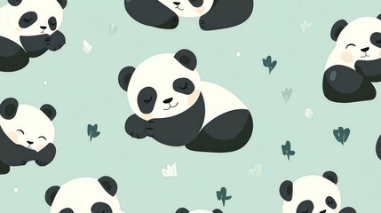 Seamless pattern of adorable sleeping pandas on a pastel green background with scattered leaves.