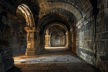 The dimly lit corridor features intricately carved stone arches, leading into a long passageway that evokes a sense of ancient history and mystery.