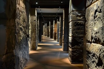 The historic stone corridor features illuminated pillars, creating a warm ambiance while showcasing intricate architectural details in a cultural space.