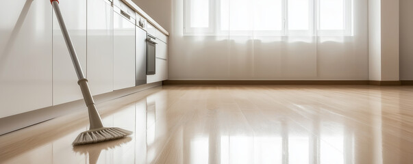 Polished hardwood flooring reflecting soft light across sleek white kitchen interior with stainless steel elements and minimalist design