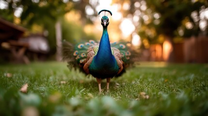 An elegant peacock struts confidently through a lush garden, its stunning feathers shimmering in the sunlight and capturing the essence of beauty and grace.