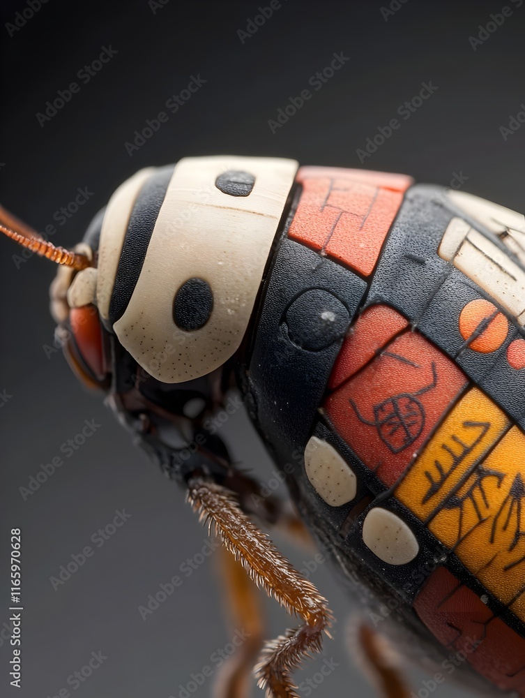 Poster captivating macro photograph of a flea s exoskeleton showcasing the intricate patterns vivid colors 