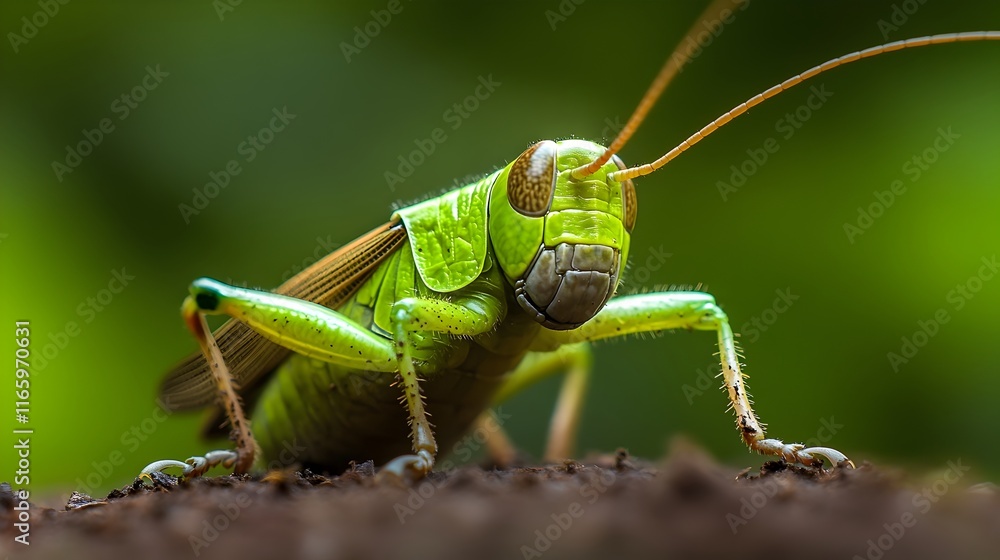 Poster macro close up photograph capturing the intricate details of a grasshopper s thoracic area as it unl